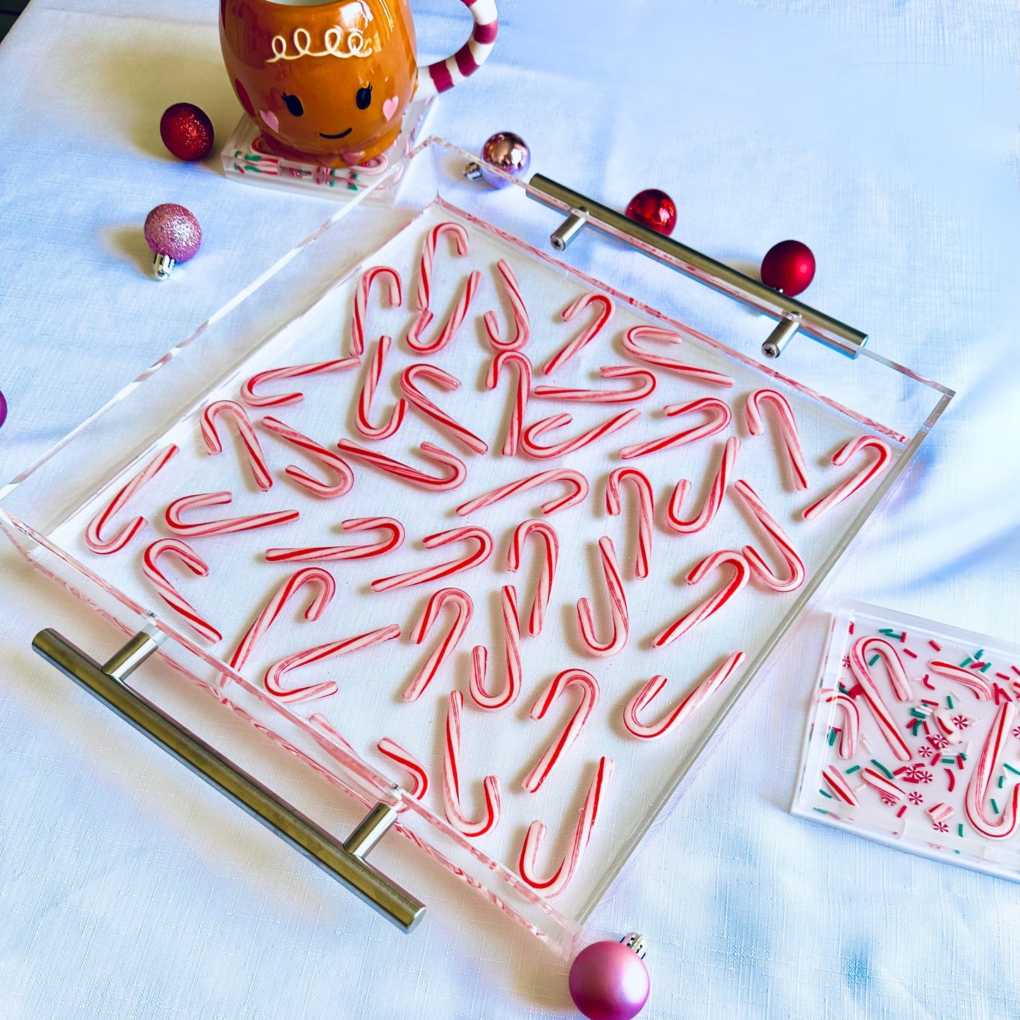Candy Cane Acrylic Serving Tray and Coaster Set