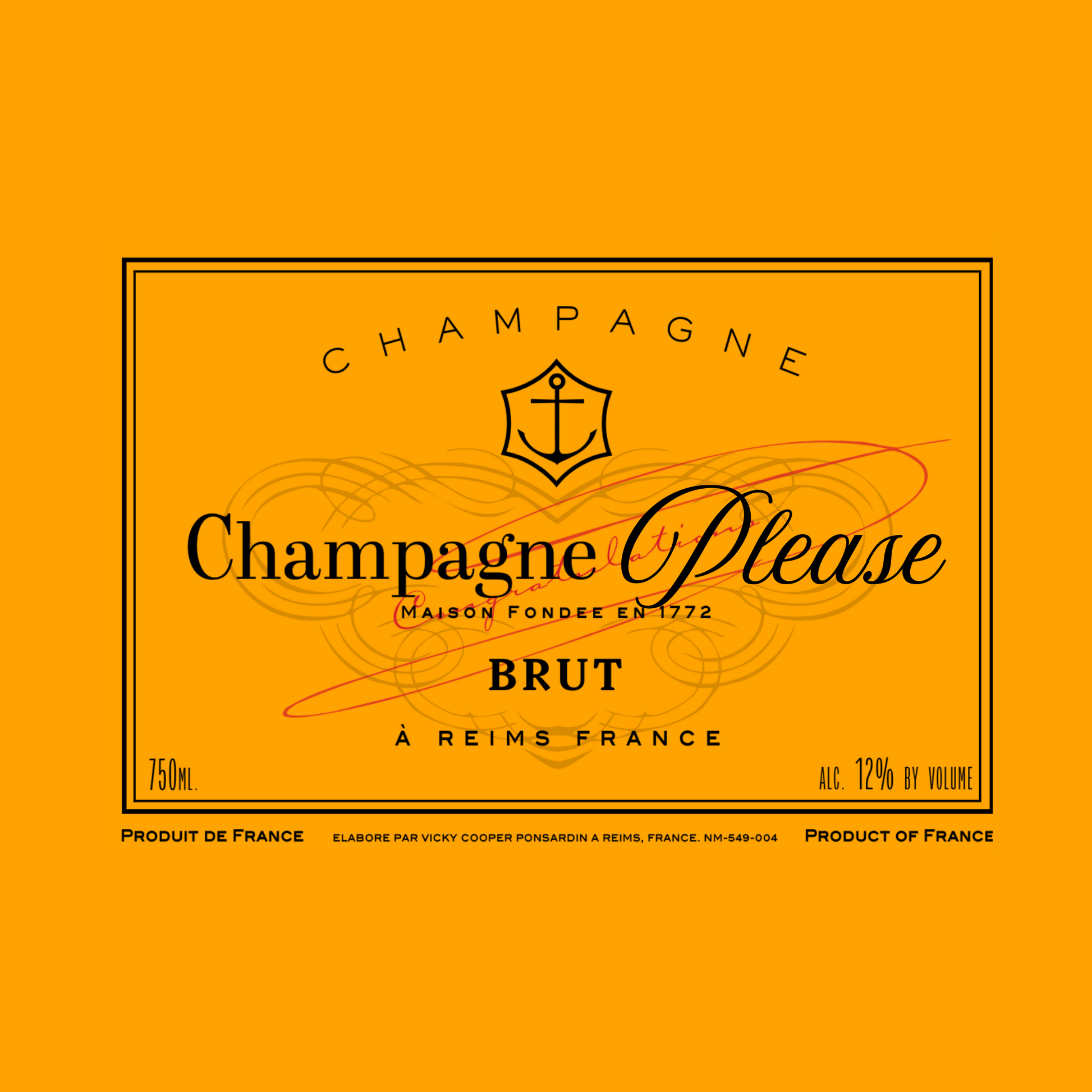 Champagne label with 'Champagne Please' branding on a yellow background
