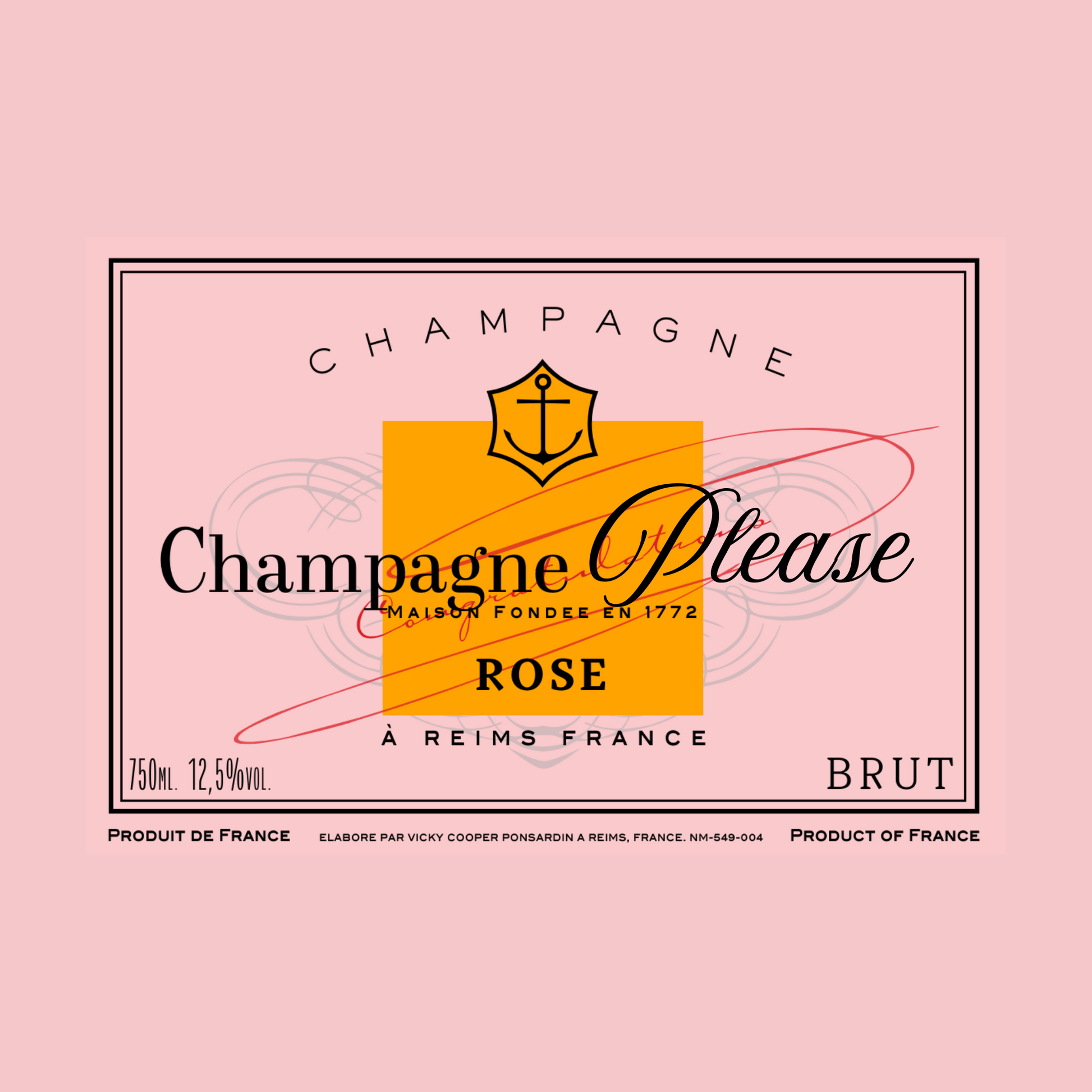 Champagne label for 'Champagne Please' Rose on a pink background