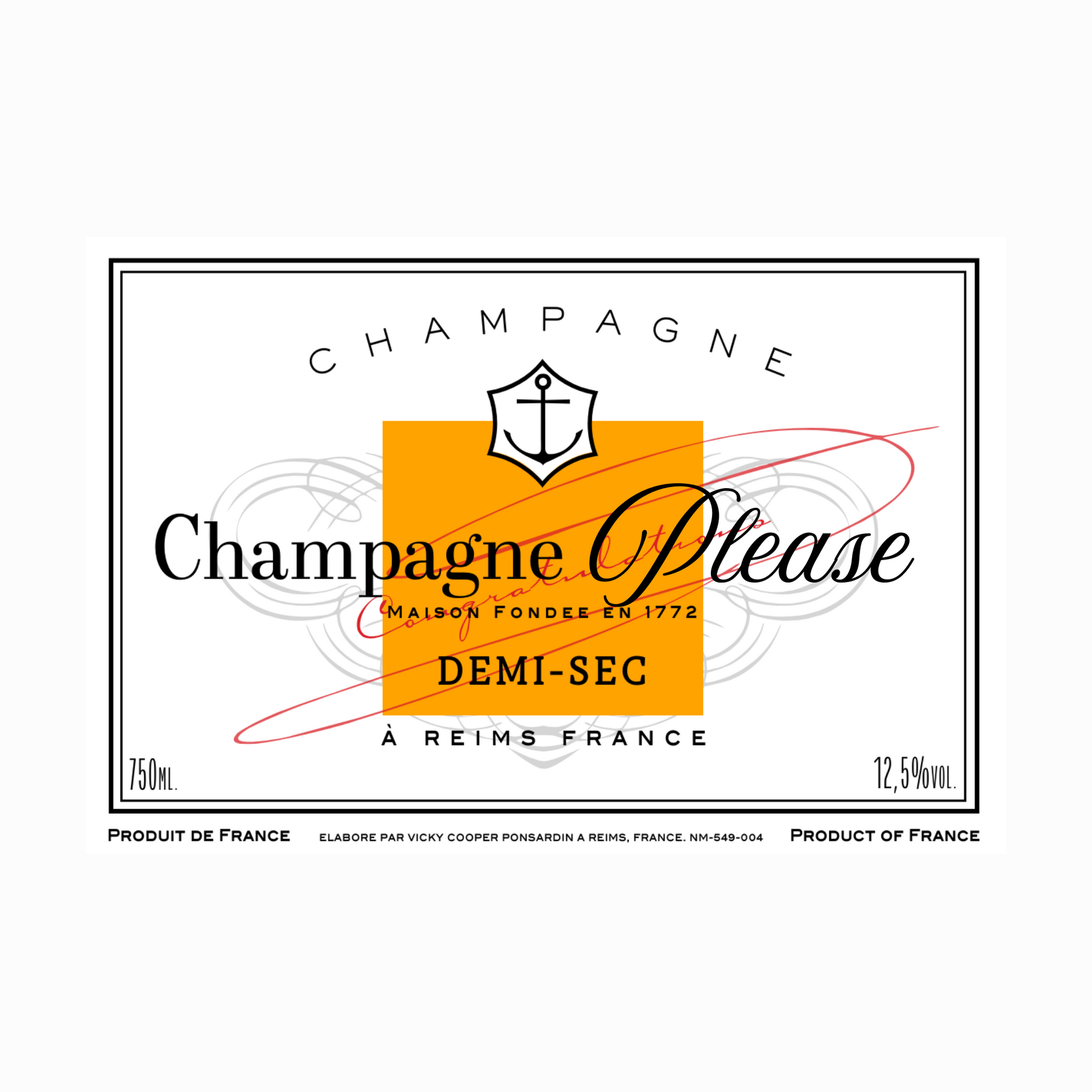 Champagne label with orange and black design on a white background