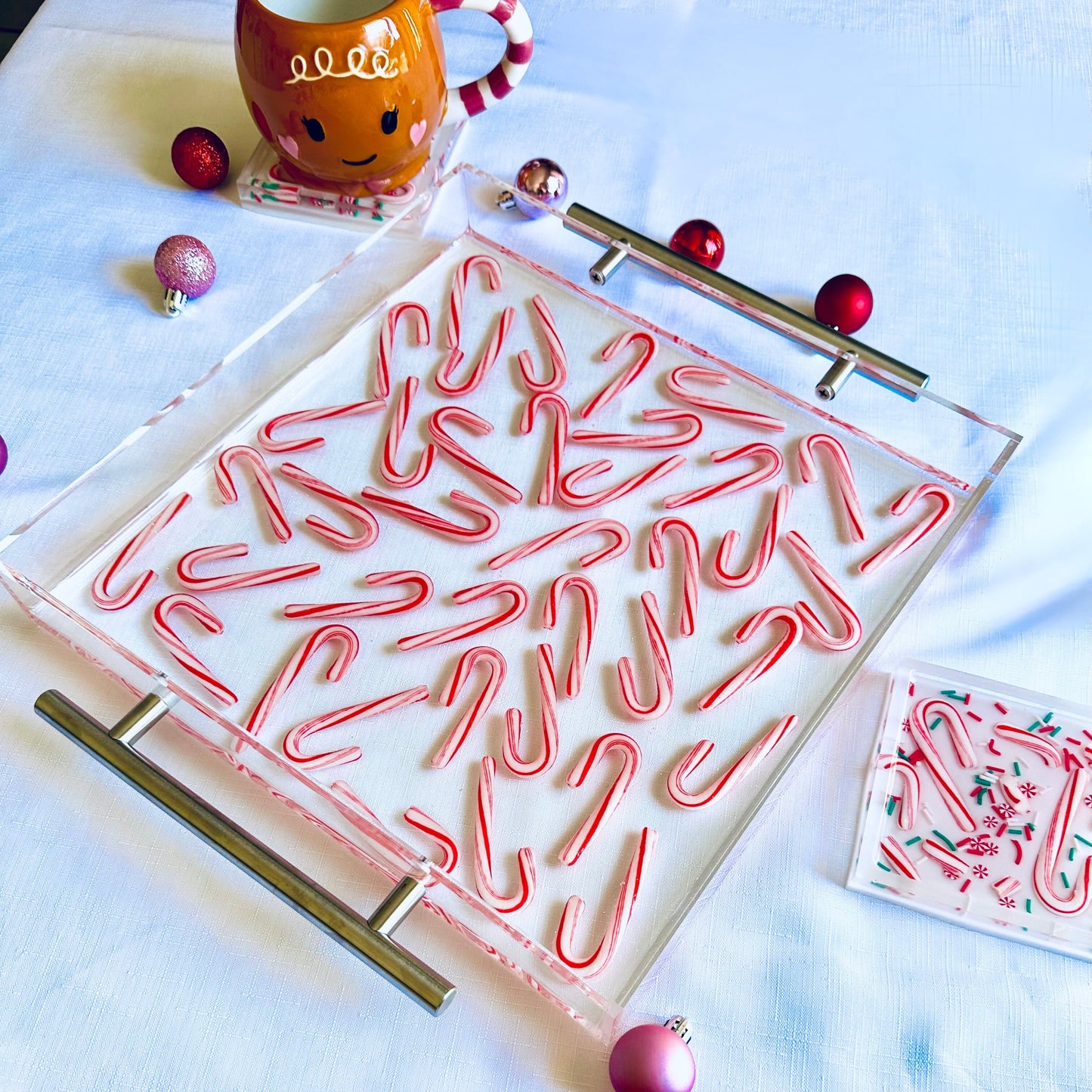 Candy Cane Acrylic Serving Tray and Coaster Set