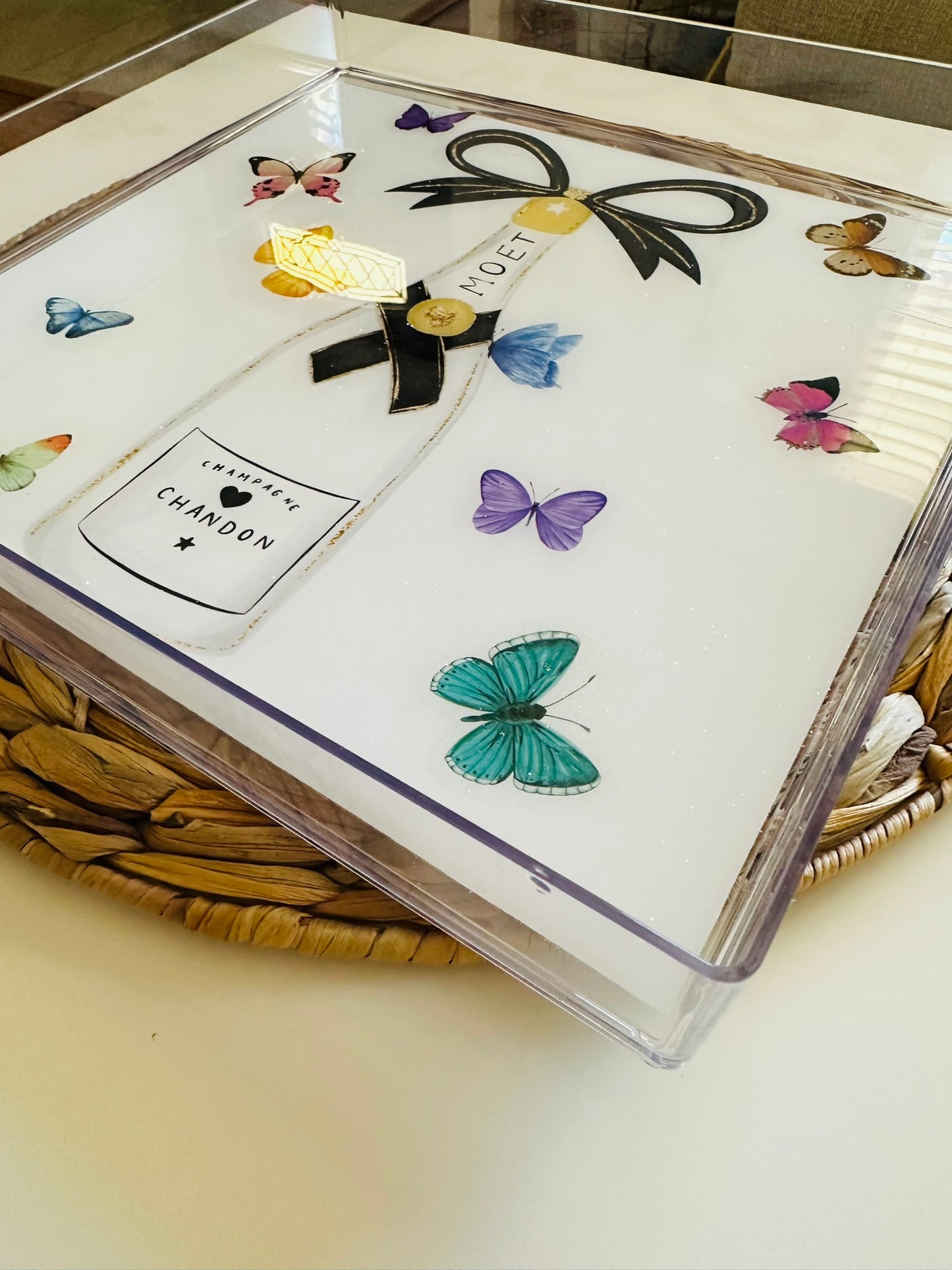 Monochrome Champagne & Butterfly Serving Tray