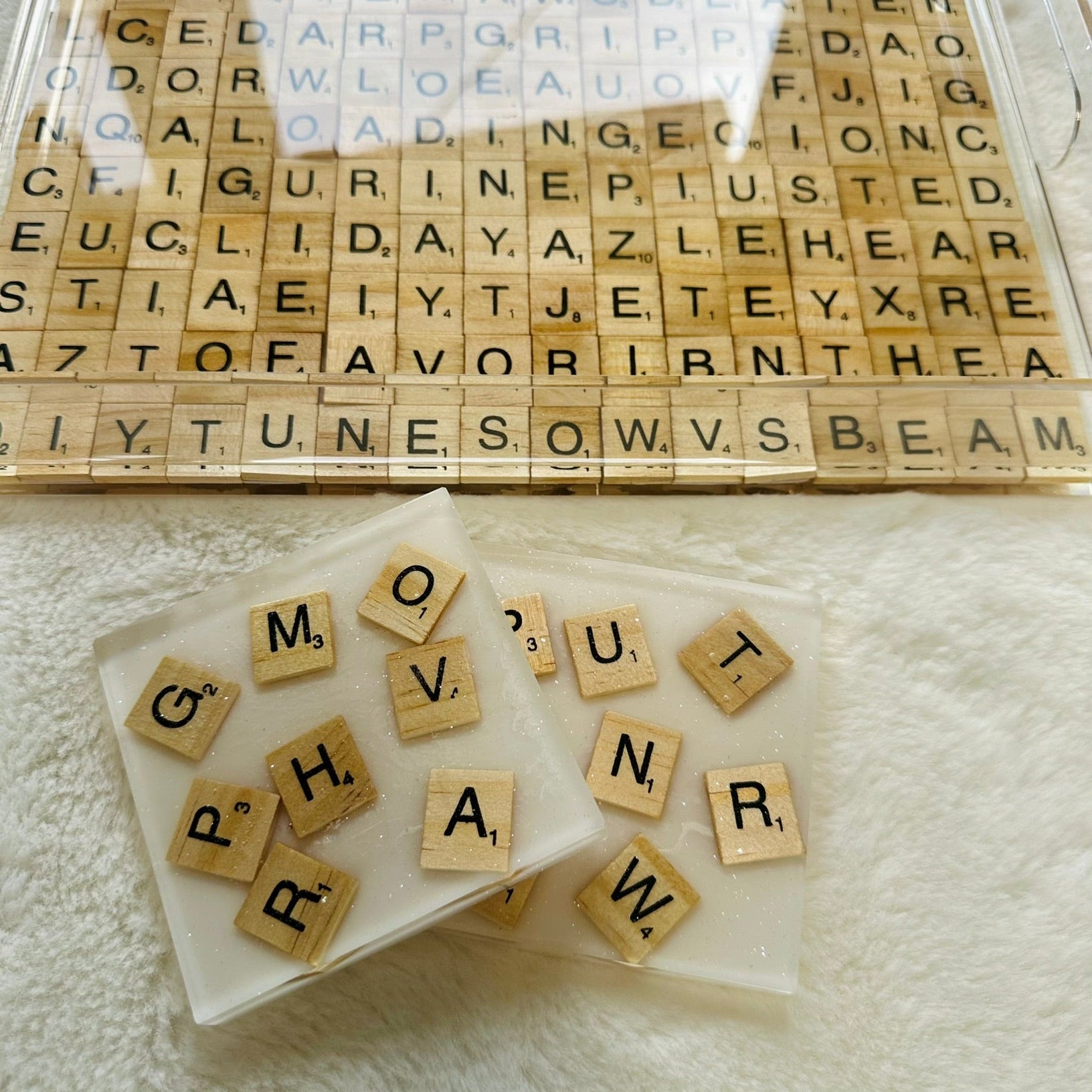 Scrabble tile resin coasters